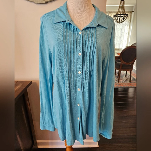 J. Jill Size Large Blue Pintucked Slub Shirt Button Front Long Sleeve Casual - Picture 1 of 10